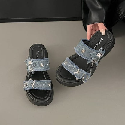 Platform Star Buckled Denim Slide Sandals - Blue / 35