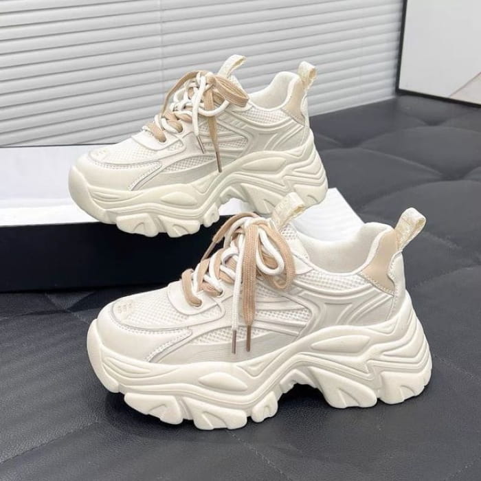 Platform Two Tone Panel Mesh Sneakers - Off-White / 35