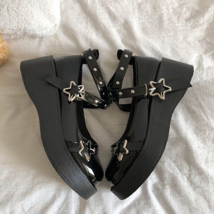 Platform Wedge Star Buckle Mary Jane Shoes