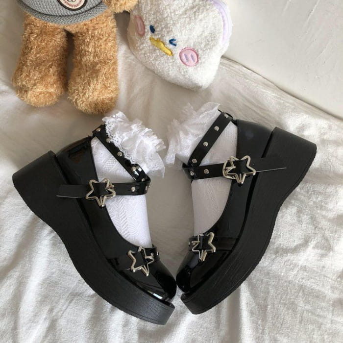 Platform Wedge Star Buckle Mary Jane Shoes