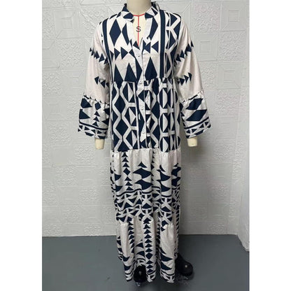 Plus Size Black Stand Collar Print Long Shirts Dresses