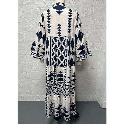 Plus Size Black Stand Collar Print Long Shirts Dresses