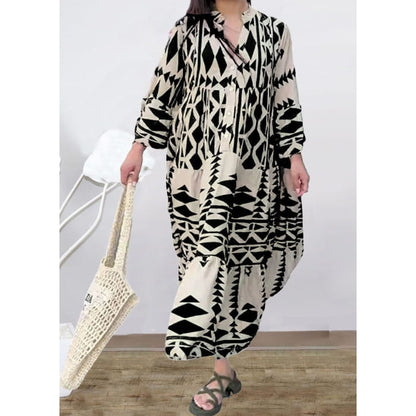 Plus Size Black Stand Collar Print Long Shirts Dresses