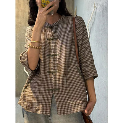 Plus Size Women Retro Plaid Summer Cotton Button-up Shirt