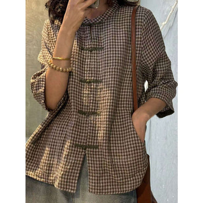 Plus Size Women Retro Plaid Summer Cotton Button-up Shirt