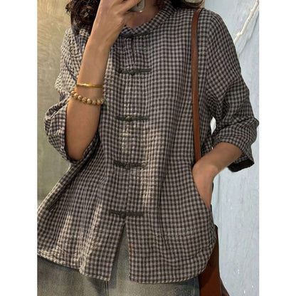 Plus Size Women Retro Plaid Summer Cotton Button-up Shirt