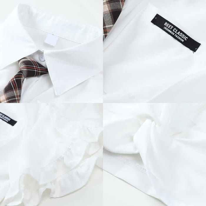 Pocket Lapel Tie T-Shirt Denim Overall Dress Set