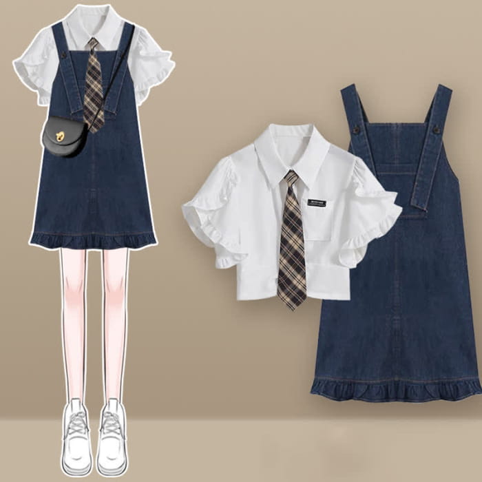 Pocket Lapel Tie T-Shirt Denim Overall Dress Set - A / M