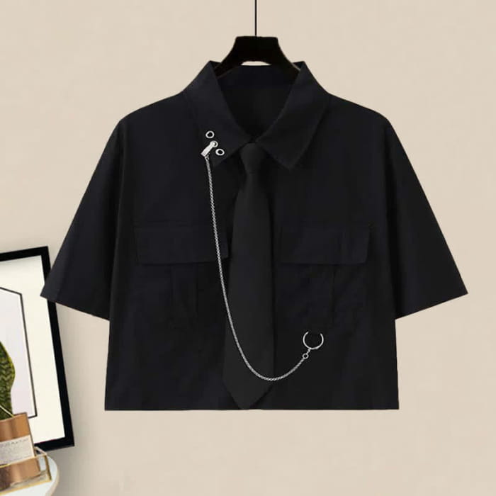 Pocket Lapel Tie T-Shirt Denim Overall Dress Set - B / M