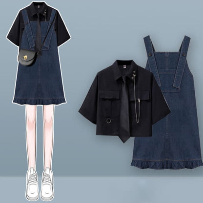 Pocket Lapel Tie T-Shirt Denim Overall Dress Set - B / M