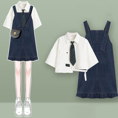 Pocket Lapel Tie T-Shirt Denim Overall Dress Set - C / M