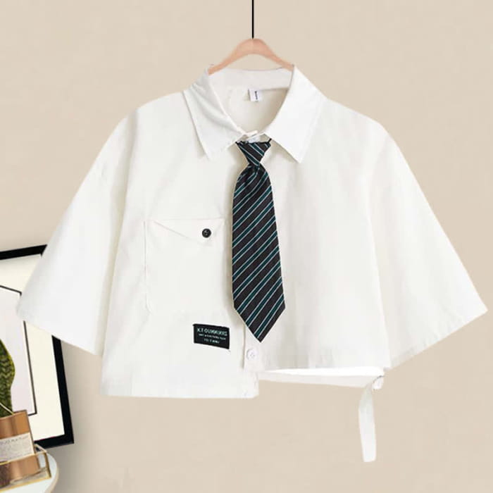Pocket Lapel Tie T-Shirt Denim Overall Dress Set - C / M