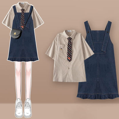 Pocket Lapel Tie T-Shirt Denim Overall Dress Set - D / M