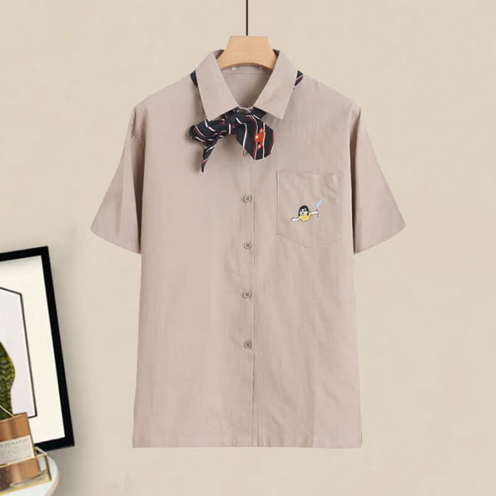 Pocket Lapel Tie T-Shirt Denim Overall Dress Set - D / M