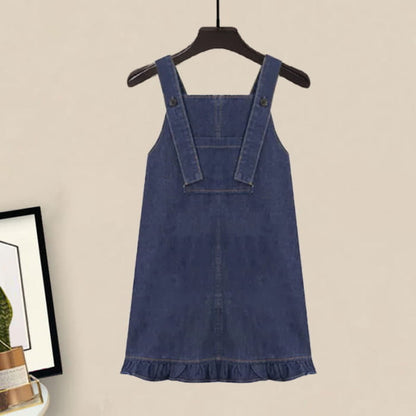 Pocket Lapel Tie T-Shirt Denim Overall Dress Set - M