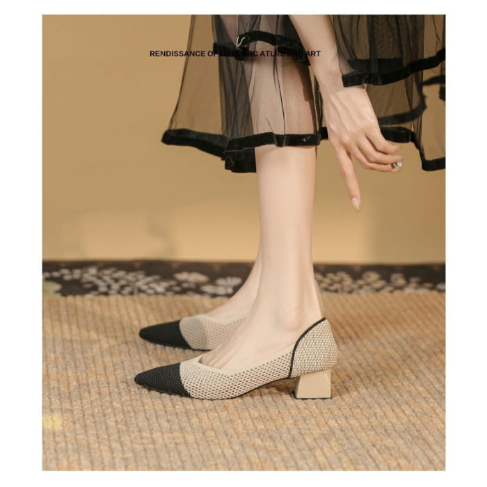 Pointed Cap Toe Chunky Heel Pumps