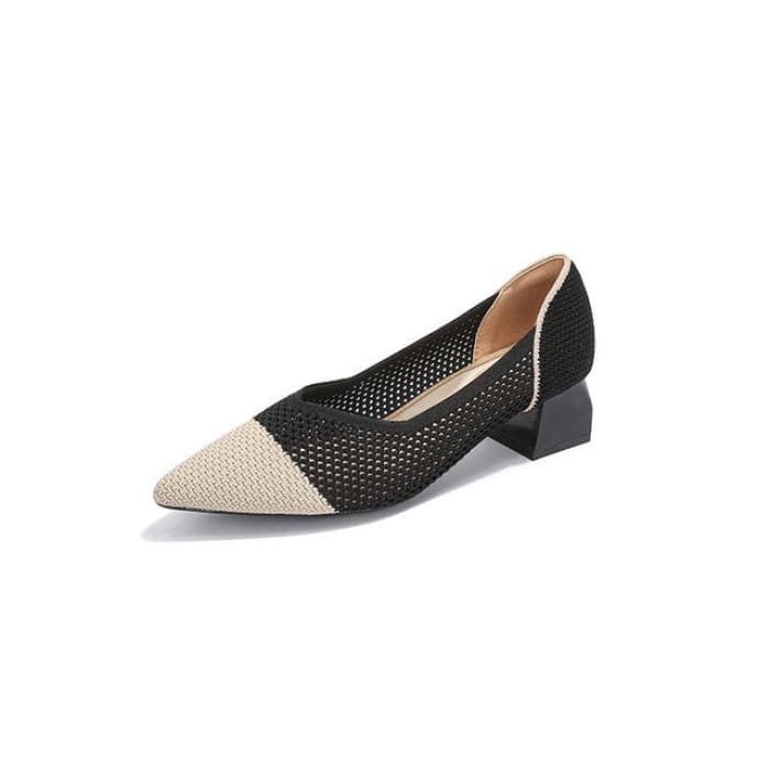 Pointed Cap Toe Chunky Heel Pumps - Almond & Black / 34