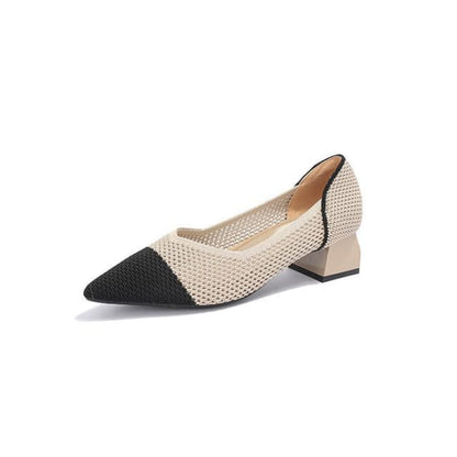 Pointed Cap Toe Chunky Heel Pumps - Black & Almond / 34