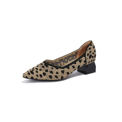 Pointed Cap Toe Chunky Heel Pumps - Leopard - Black / 34