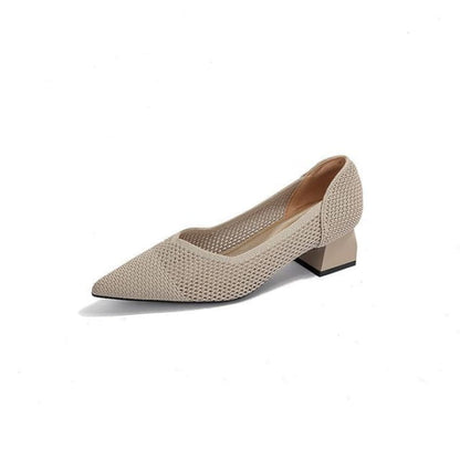 Pointed Cap Toe Chunky Heel Pumps - Plain - Almond / 34