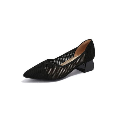 Pointed Cap Toe Chunky Heel Pumps - Plain - Black / 34