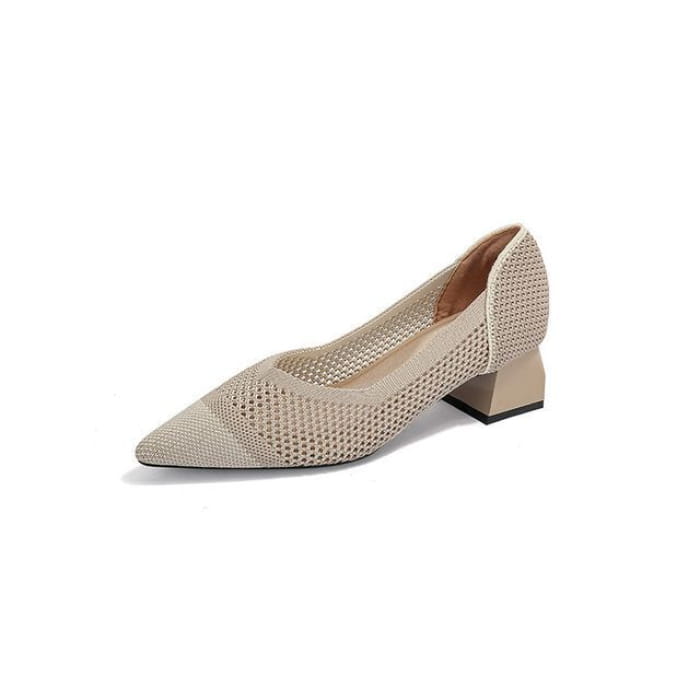 Pointed Cap Toe Chunky Heel Pumps - Plain - Off-White / 34