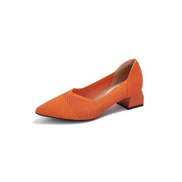 Pointed Cap Toe Chunky Heel Pumps - Plain - Tangerine / 34