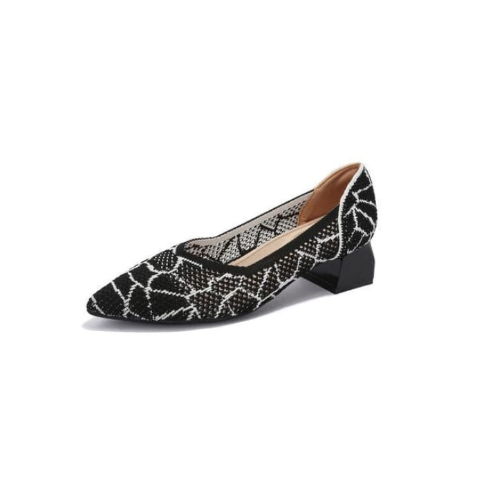 Pointed Cap Toe Chunky Heel Pumps - Snake Pattern - Black &