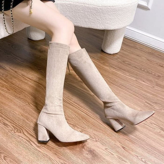 Pointed Chunky Heel Tall Boots - Shoes