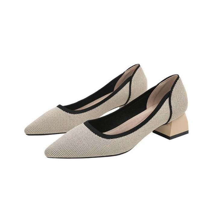 Pointed Contras Trim Chunky Heel Pumps - Almond / 34