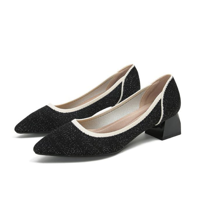 Pointed Contras Trim Chunky Heel Pumps - Black / 34