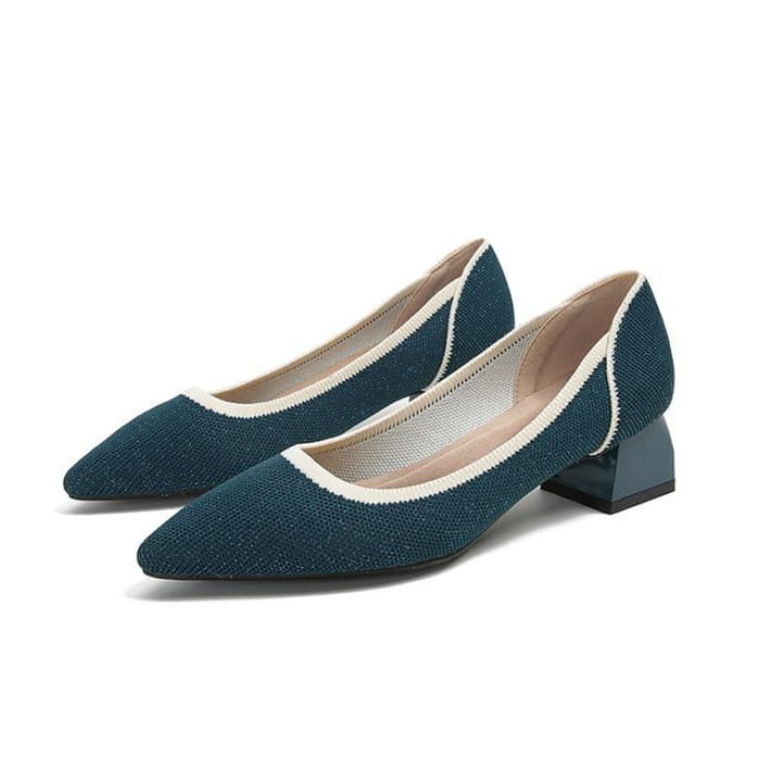 Pointed Contras Trim Chunky Heel Pumps - Blue / 34