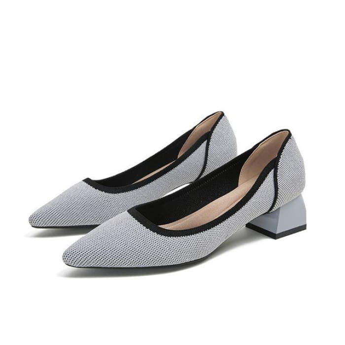 Pointed Contras Trim Chunky Heel Pumps - Gray / 34