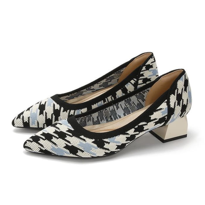 Pointed Patterned Chunky Heel Pumps - Argyle - Black / 34