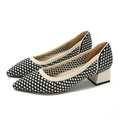 Pointed Patterned Chunky Heel Pumps - Dotted - Almond &