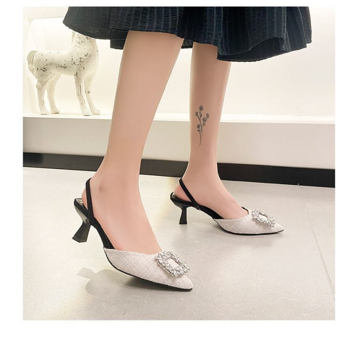 Pointed Rhinestone Kitten Heel Sandals - Shoes