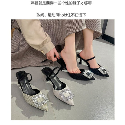 Pointed Rhinestone Kitten Heel Sandals - Shoes