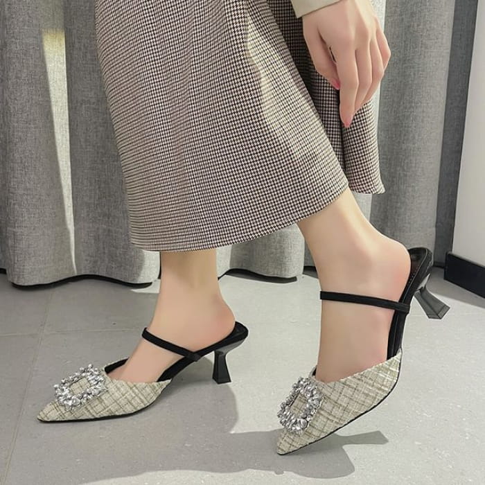 Pointed Rhinestone Kitten Heel Sandals - Shoes