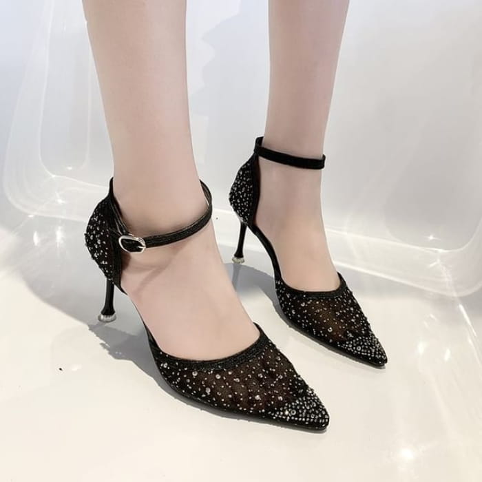 Pointed Rhinestone Stiletto Pumps - Black / 35