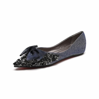 Pointed Sequin Bow Flats - Blue / 34