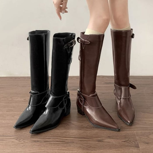 Pointed Toe Buckled Panel Knee High Boots