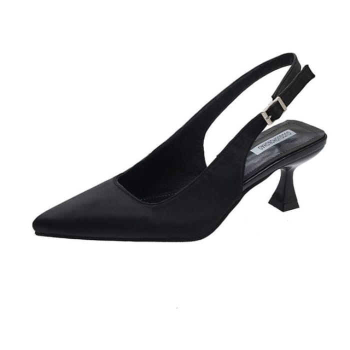 Pointed Toe Kitten Heel Slingback Sandals - Black / 34