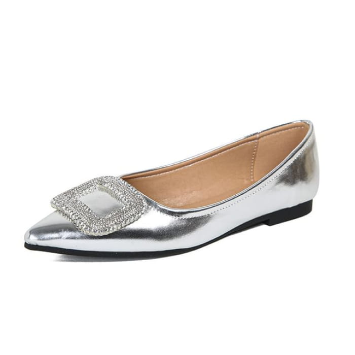 Pointed Toe Rhinestone Accent Flats - Silver / 35