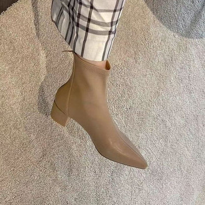 Pointy Chunky Heel Short Boots