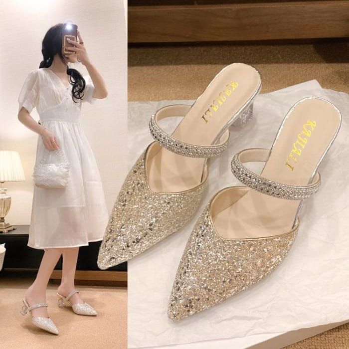 Pointy Rhinestone Sequined Chunky Heel Mules