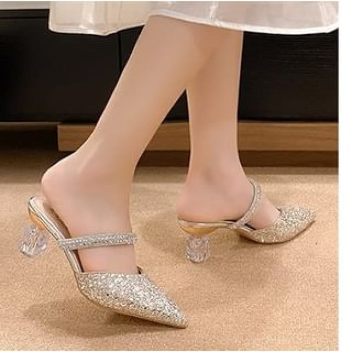 Pointy Rhinestone Sequined Chunky Heel Mules