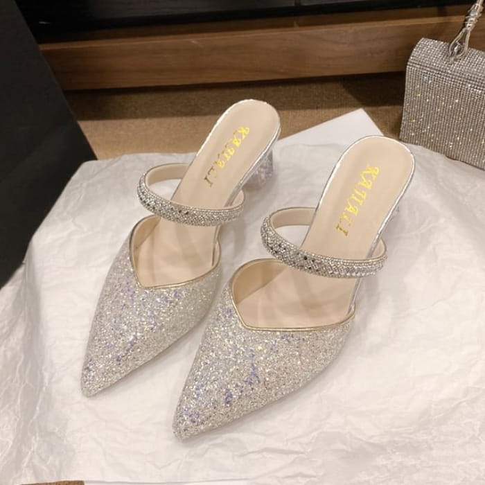 Pointy Rhinestone Sequined Chunky Heel Mules - Silver / 34