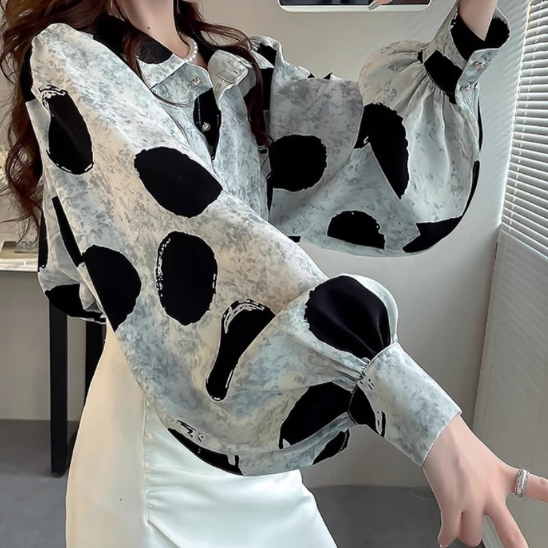 Polka Dots Long Sleeve Fashion Shirt - White / One Size