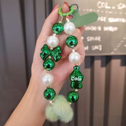 Pom Faux Pearl Wrist Phone Strap with Lanyard Pad - Green