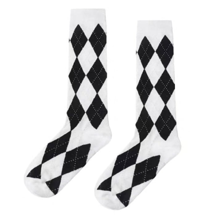 Preppy Argyle High Socks - Black/white